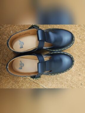 Dr. Martens Women Black Mary Jane Shoes with Yellow Stitching